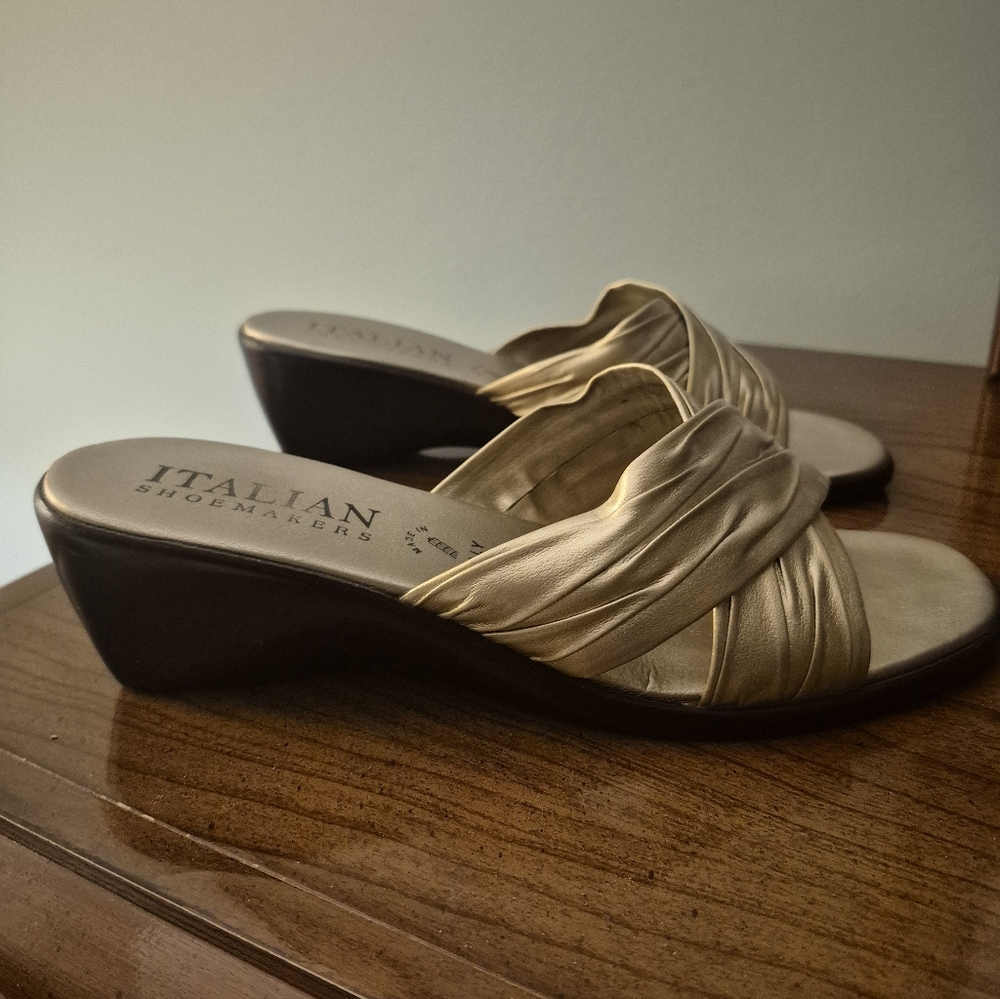 Italian Shoemakers Metallic Gold Ruched Wedge Slide Sandals